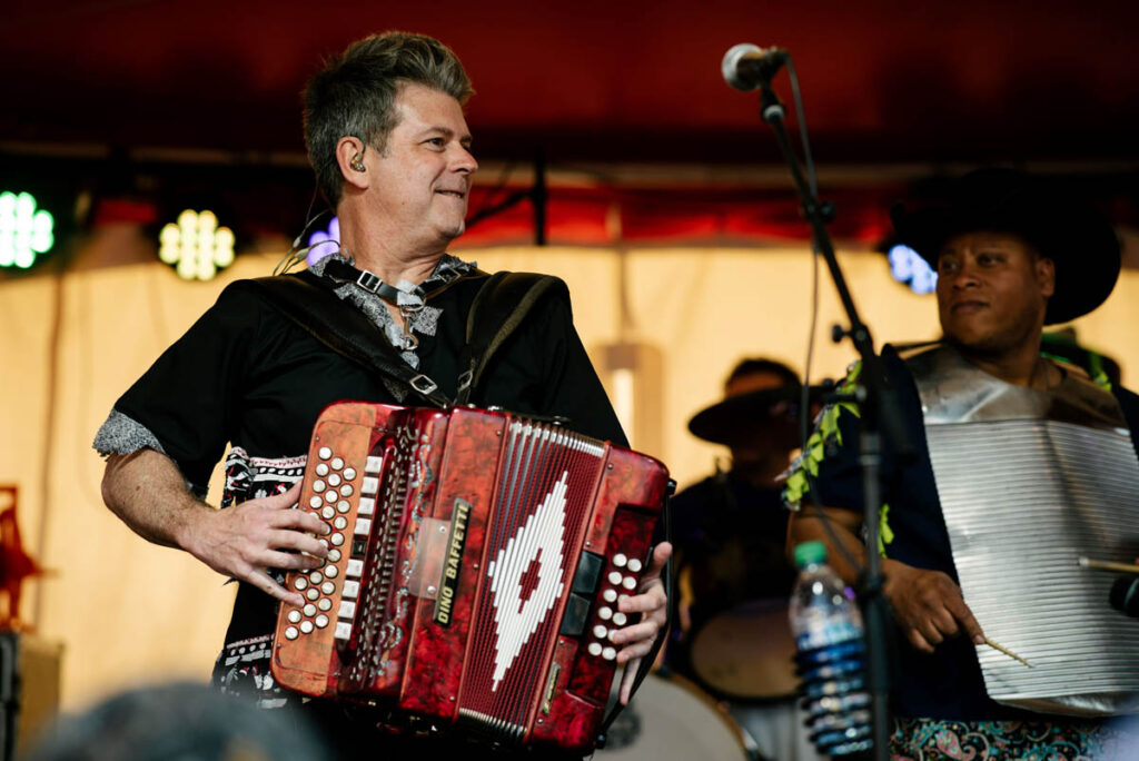 French Louisiana musician, Steve Riley, performs with his accordion.