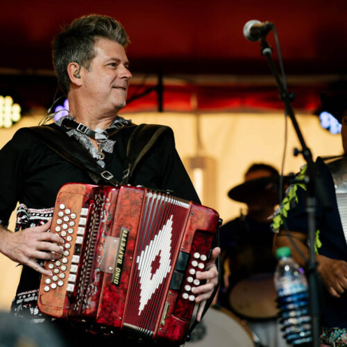 French Louisiana musician, Steve Riley, performs with his accordion.