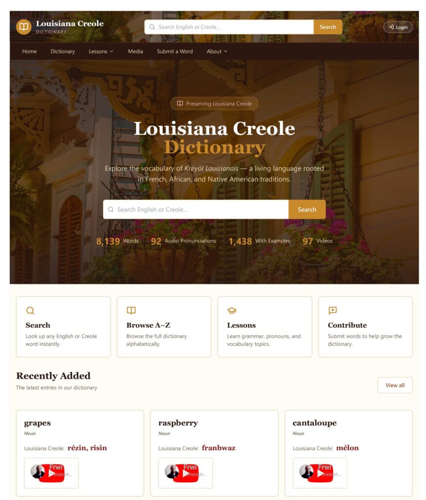 Page d'accueil du Dictionnaire Créole Louisianais